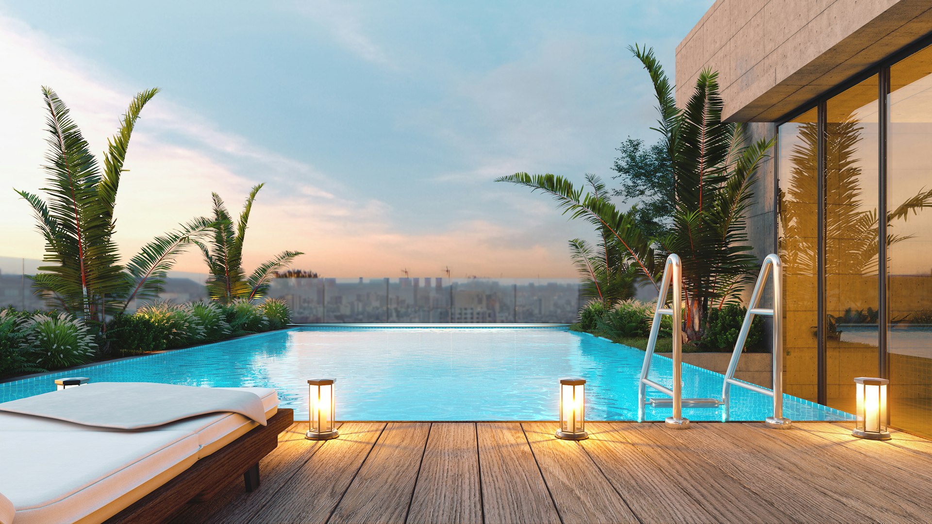 Rooftop swimming pool with lounge chair at sunset.